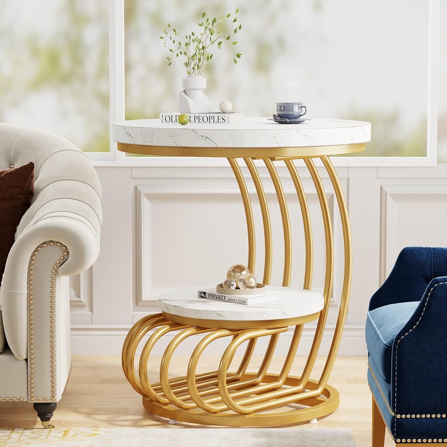 19.68" Modern Round End Table with 2-Tier Storage - White