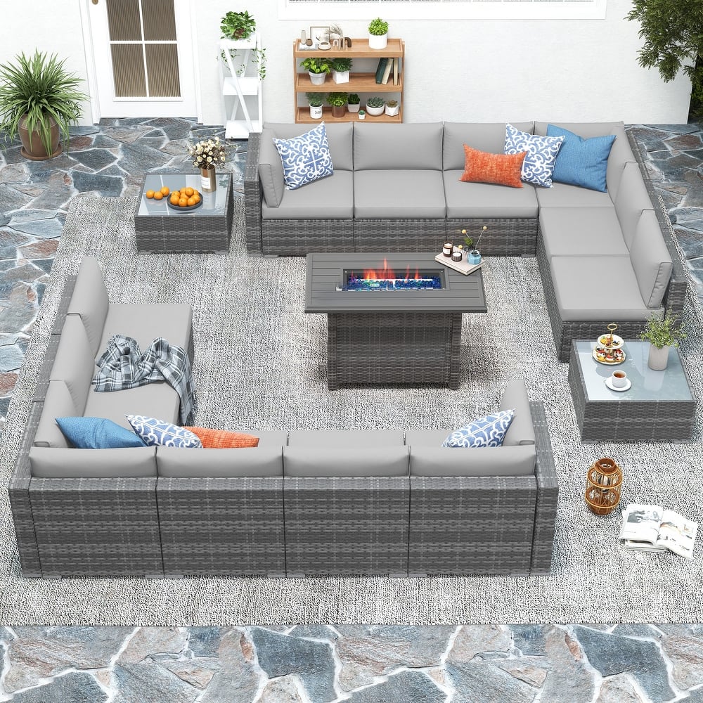 15 Piece Wicker Set Patio Sofa Furniture with Fire Pit And Table