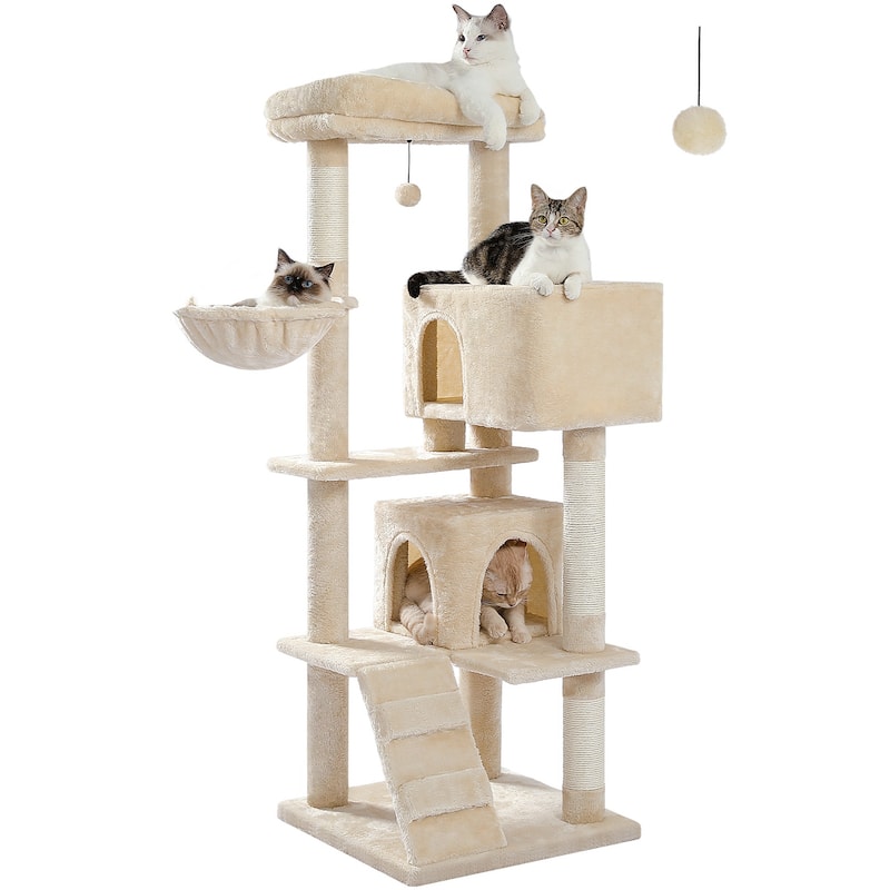 Cat Tree with Large Top Perch, Plush Hammock, 2 Condos, Dangling Pompom & Cat Scratching Posts