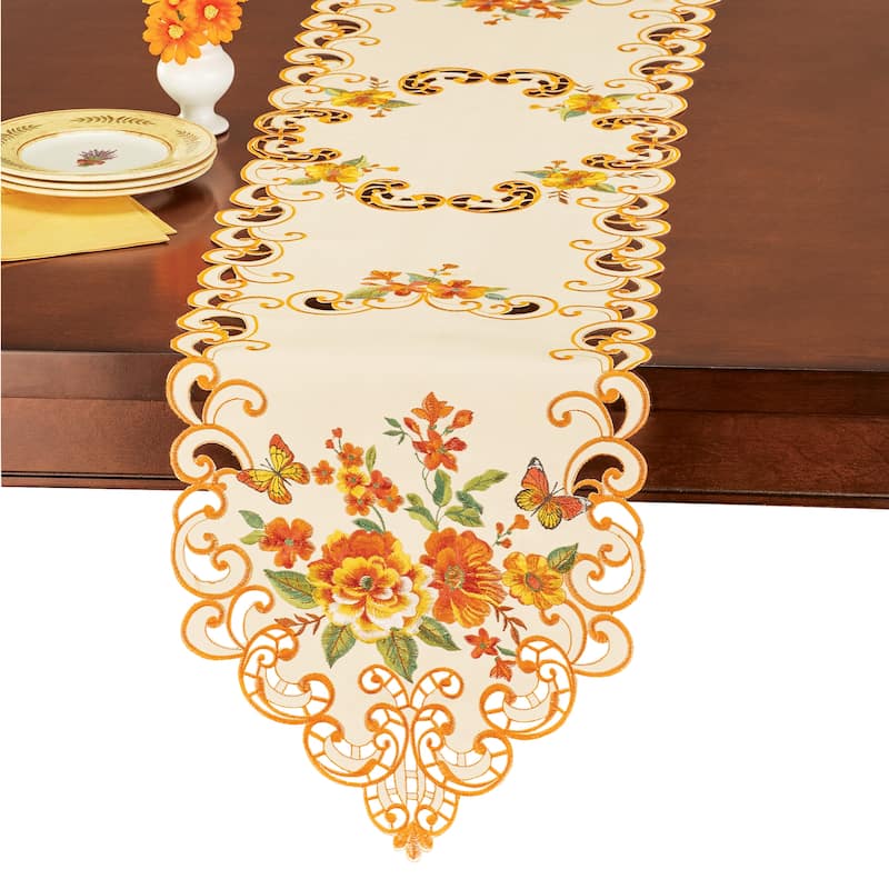 Embroidered Fall Floral Butterfly Table Linens