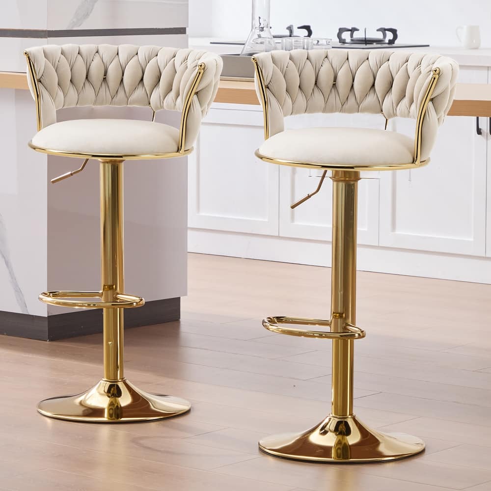 HOMEFUN Velvet Adjustable Height Swivel Armless Bar Stools With Golden Footrest(set of 2)