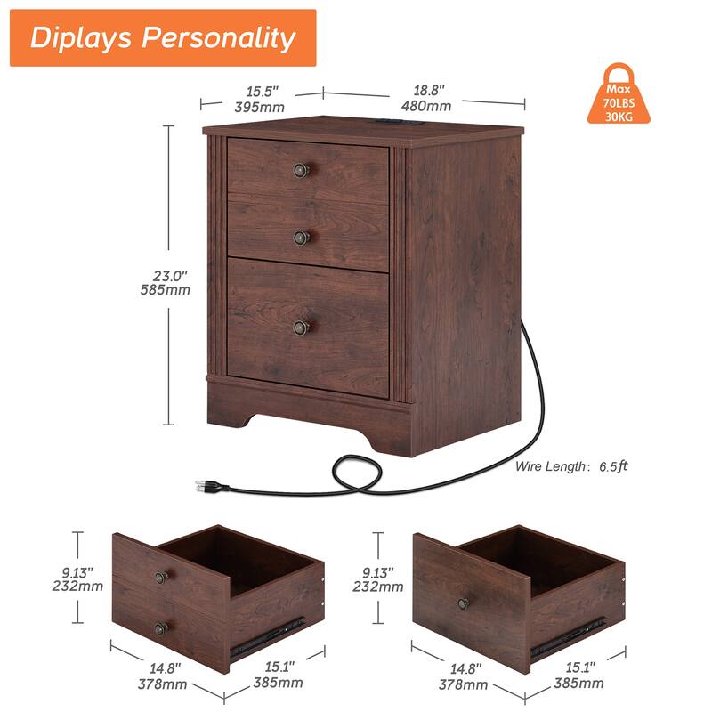 Bedroom Nightstand with Charging Station, Bedside Table with 2 Drawers