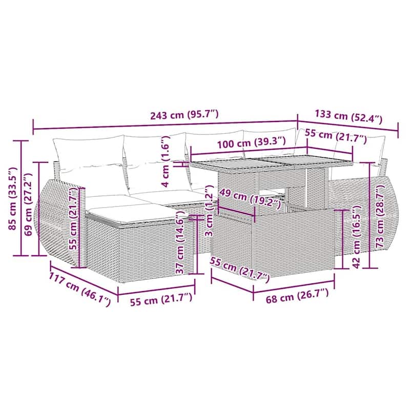 vidaXL Patio Sofa Set with Cushions Outdoor Furniture 7 Piece Poly Rattan - 21.7 x 24.4 x 27.2