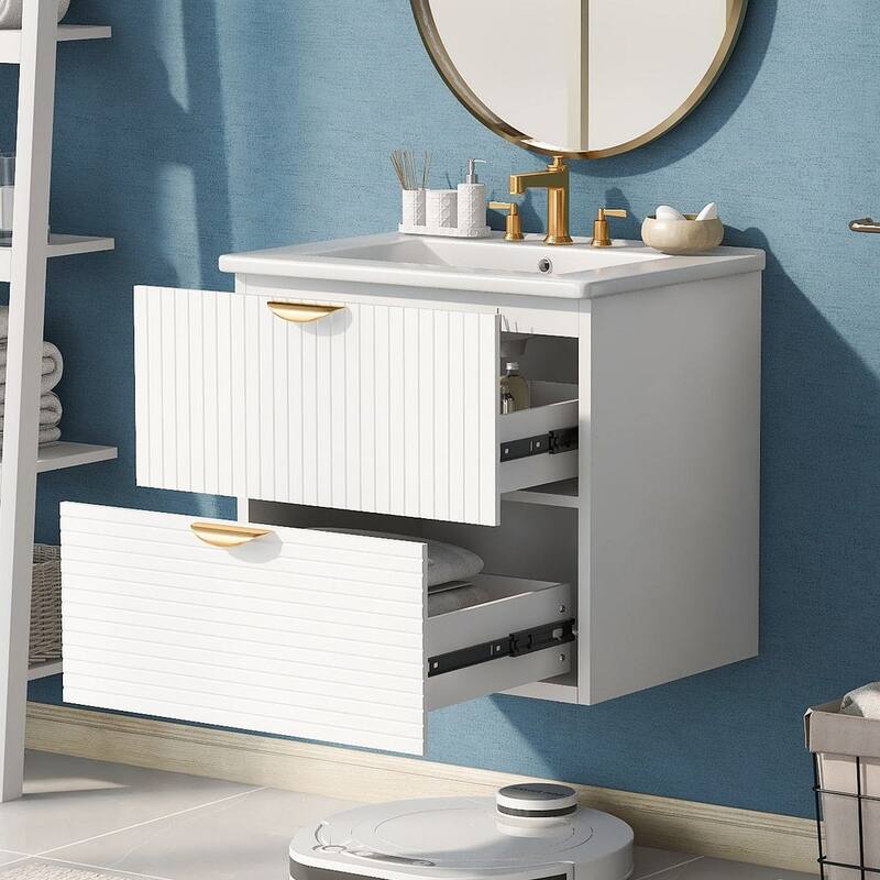 24” Modern Wall Mounted Bathroom Vanity with Ceramic Sink and 2 Drawers