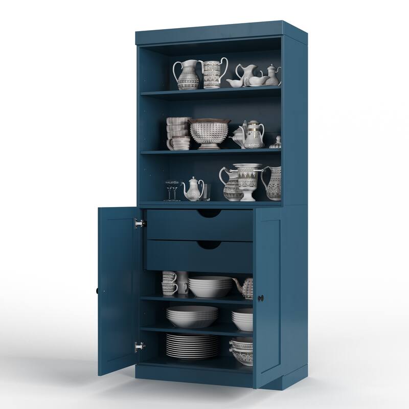 Palace Imports 100% Solid Wood 32" Pantry Cabinet with Shaker Doors, 2-Drawers and Adjustable Shelves - Teal Blue