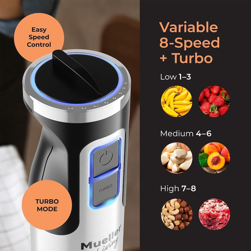 MuellerLiving Immersion Hand Blender Full Set - 8 Speed, with 7 Attachments: Blade, Whisk, Frother, Beater, Hooks, Masher, Bowl