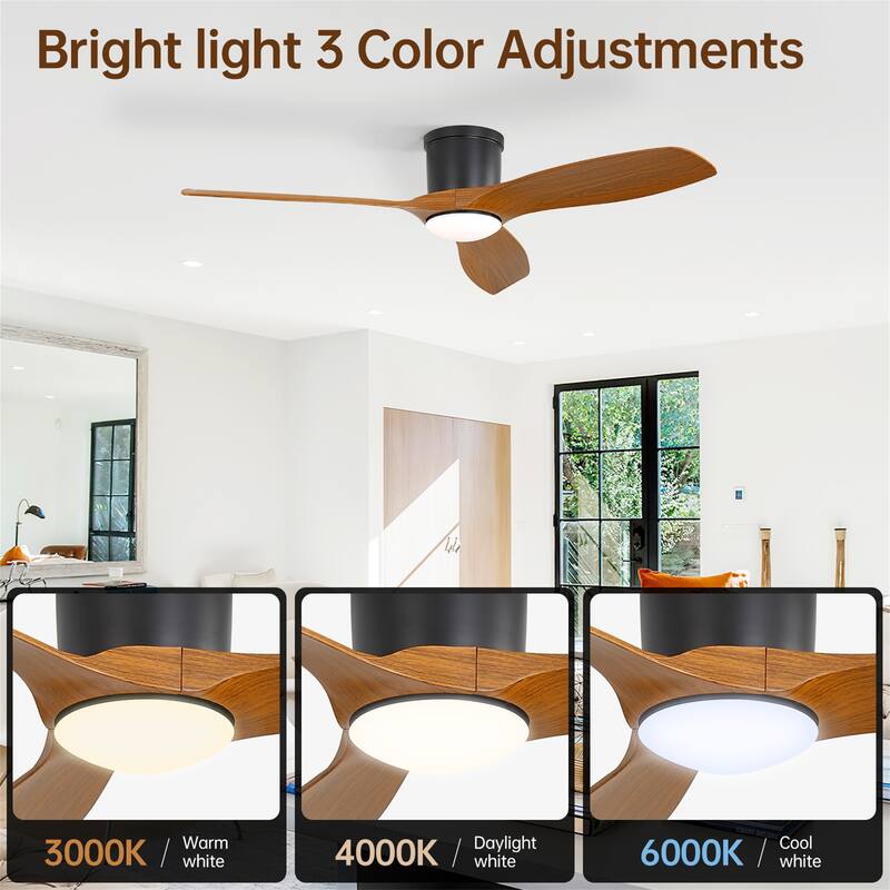 52 Inch Modern Flush Mount Ceiling Fan with LED Light