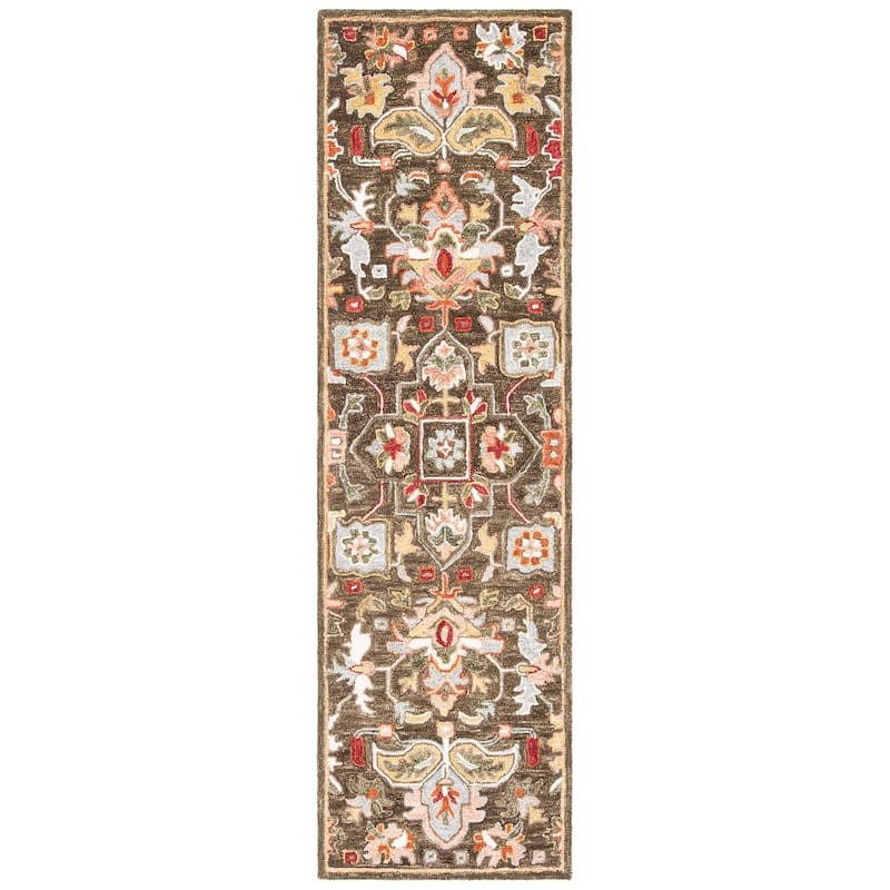 SAFAVIEH Handmade Heritage Chrysanthemum Traditional Wool Rug - 2'3" x 8' Runner - Brown/Green