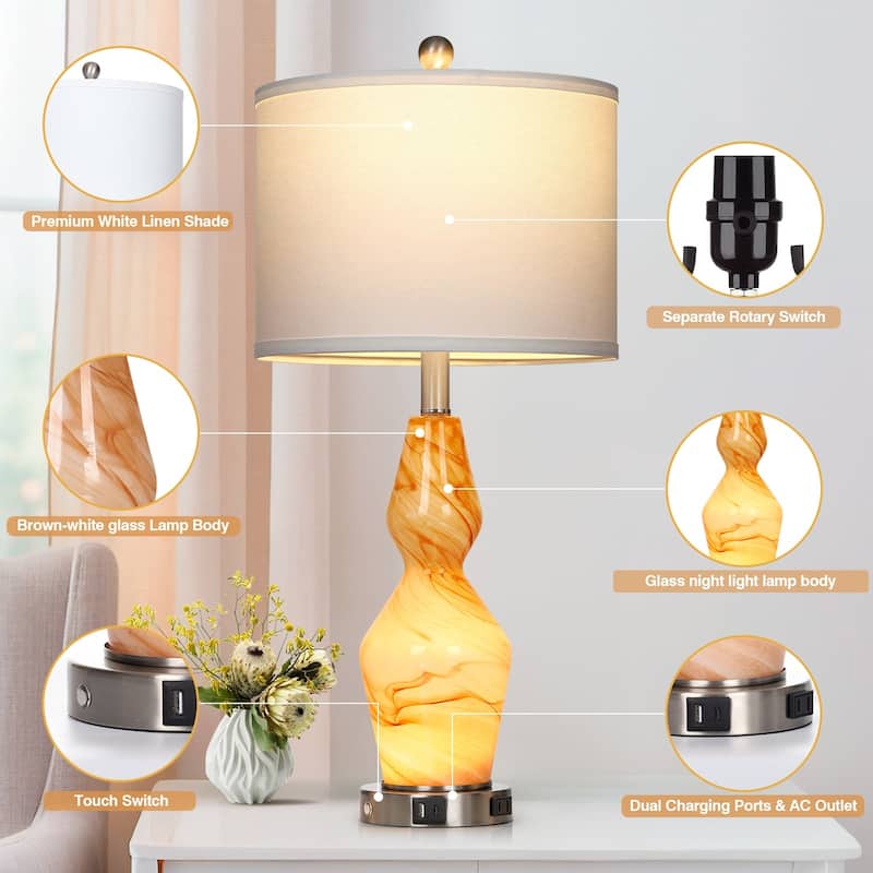 Brown Art Glass Nightlight Table Lamp 2in1 with Exquisite Brown Texture (Set of 2) - 12'' x 12'' x 26.5'' (L x W x H)