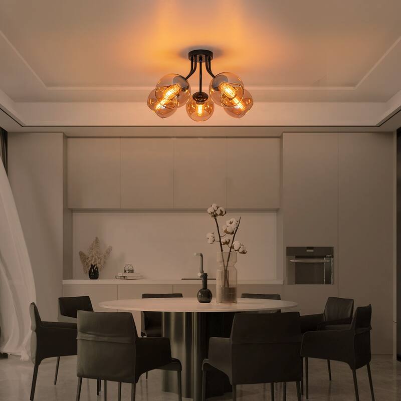 5 Lights Semi-Flush Mount Ceiling Light with Amber Glass Shade Sputnik - Dia.20.47-in