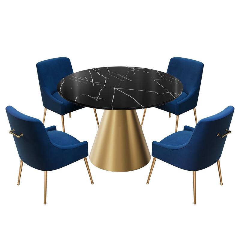 48" Marble Top Metal Dining Table with Velvet Dining Chair Set - Navy