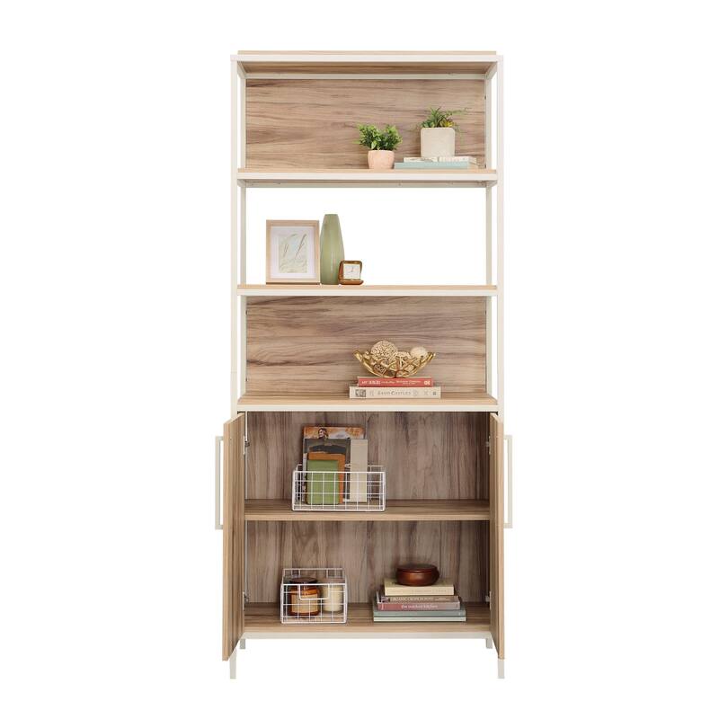 Wood Bookcase with Doors, Brown - 32.99" W x 17.13" D x 75.98" H