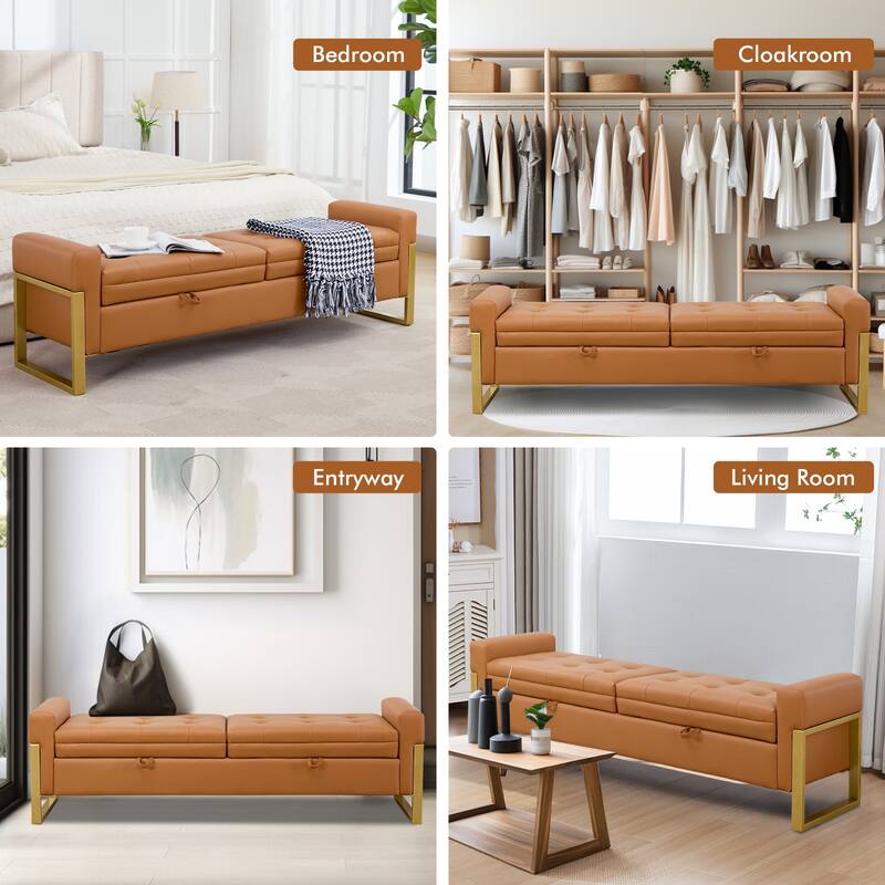 66" Storage Bench King Size End of Bed with Double Lids and Gold Legs