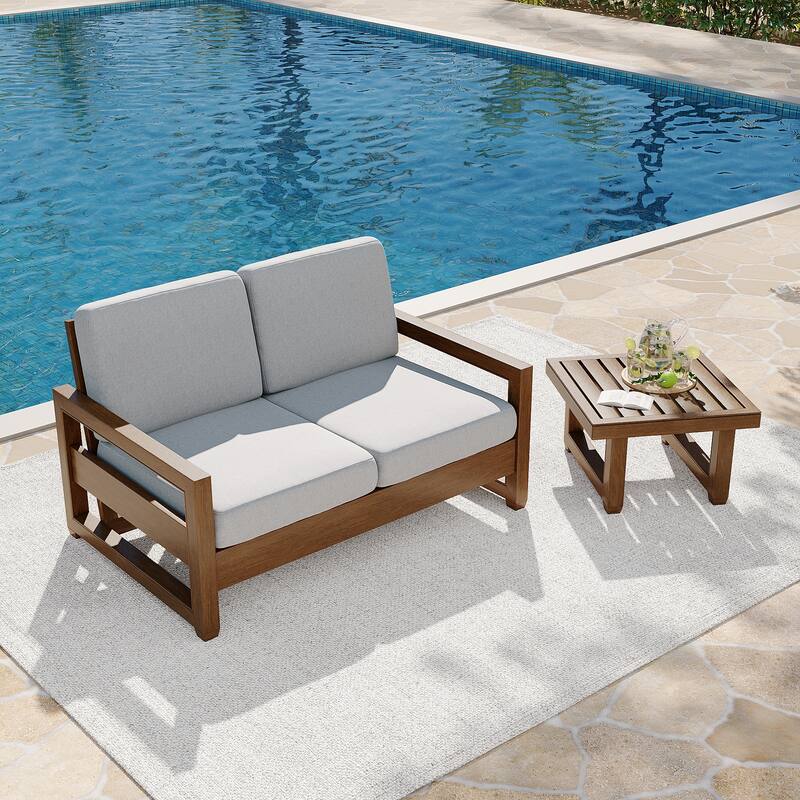 Teak Loveseat Patio Set with Cushions and Table (2-Piece)