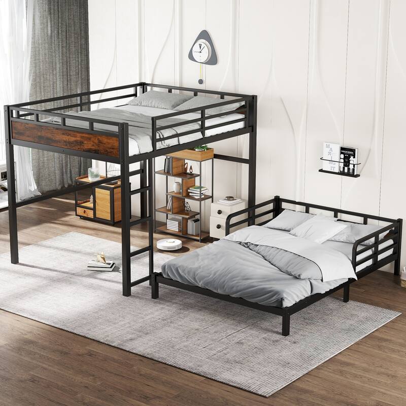 Metal High Loft Bed and Platform Bed, Heavy Duty Metal Bunk Bed Frame, Noise Free, Can be Converted into 2 Beds