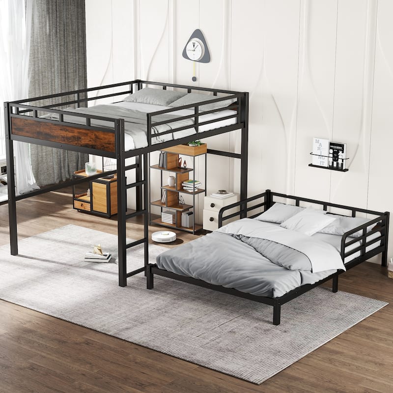 Split Design Metal Loft Bed & Platform Bed Set, Metal Bunk Bed with Raised Security Fence and Vintage Wood Accents - Black - Queen