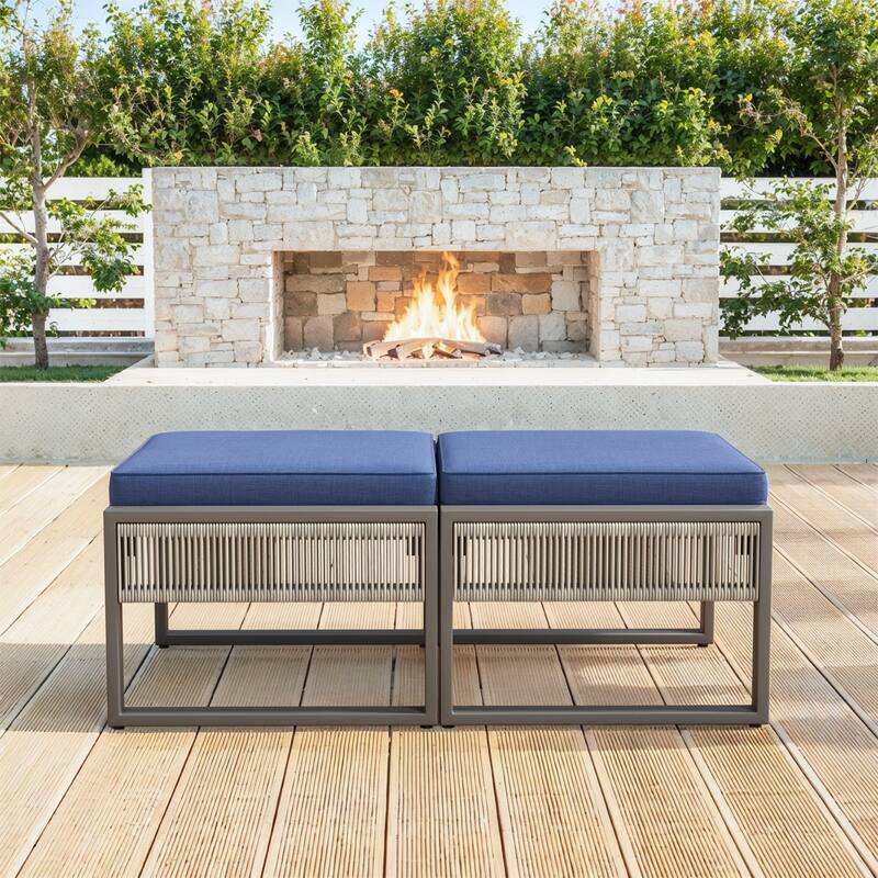 Gymojoy Outdoor Wicker Ottomans, Weatherproof Footstools with Cushions