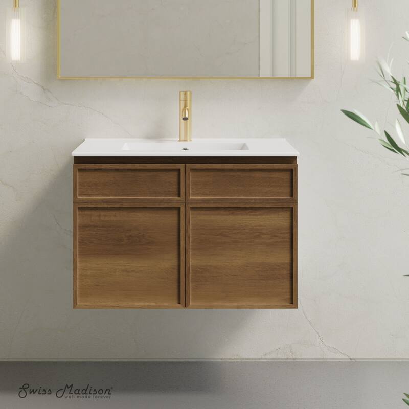 St. Tropez 30" Wall-Mounted Bathroom Vanity In Brown Oak With Sink Top - 30