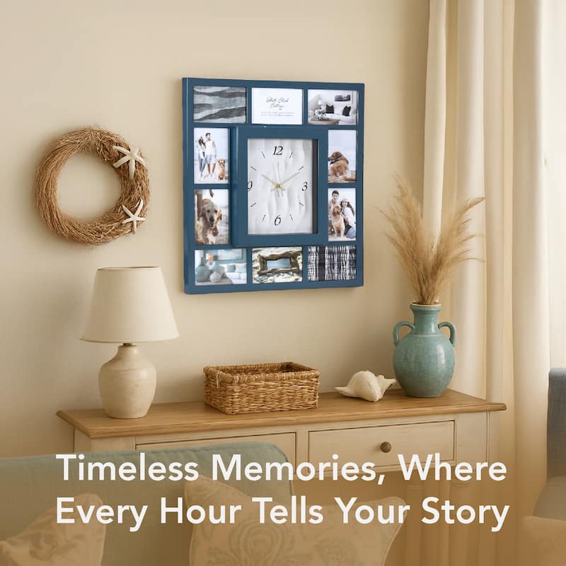 American Art Decor Picture Frame Collage Wall Clock 12 Photo Display Slots