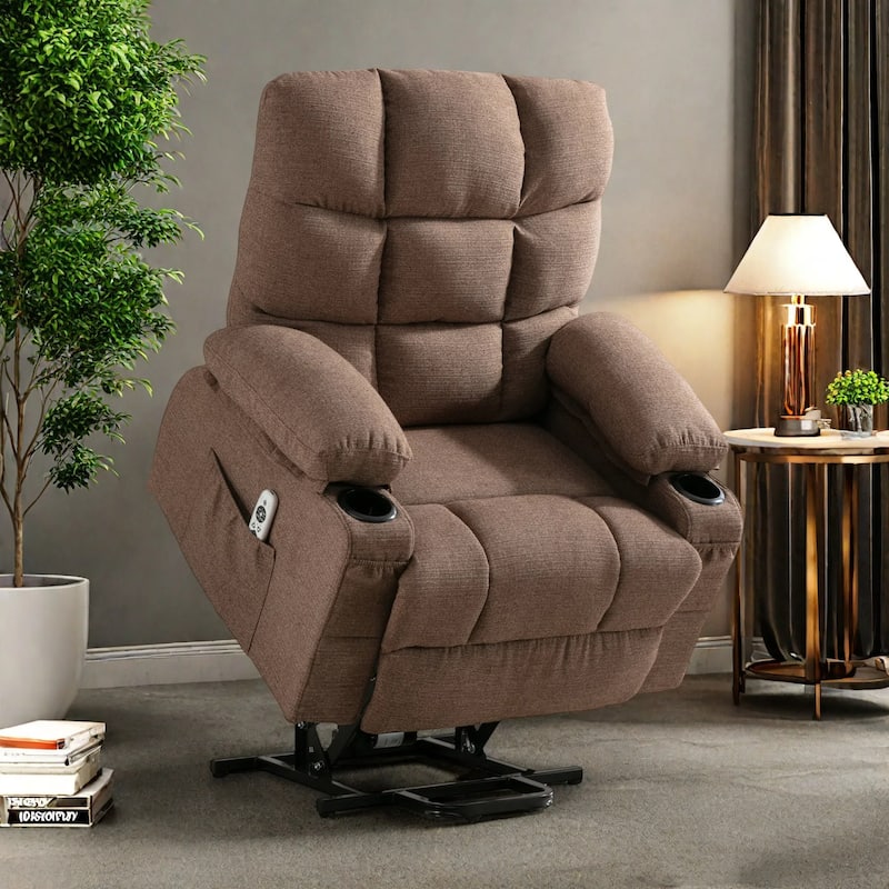 Linen Power Lift Recliner Chair with Massage and Heat, Side Pockets, USB Charge Ports - Brown