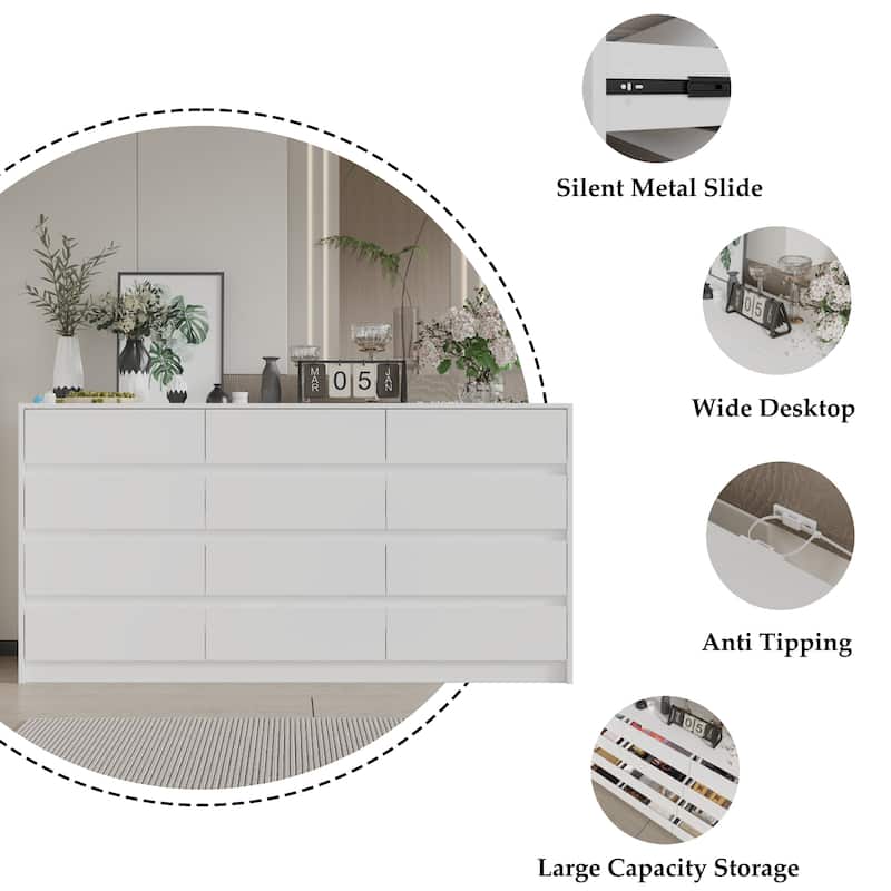 63" Chest of Drawers White Dresser No Handle, Modern 12 Drawer Dresser
