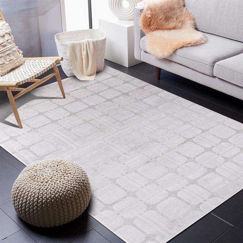 Hypnos Collection Silver and Beige Abstract Geometric Area Rug - 7'11" x 10'6" Rectangle