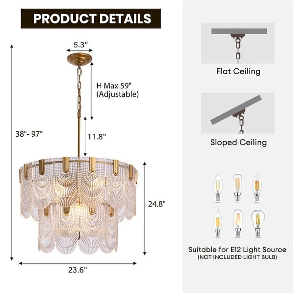 dimension image slide 1 of 2, 20 in. Gold Modern Glass Chandelier 5-Light Glam Dimmable Pendant Light Fixture for Dining Room