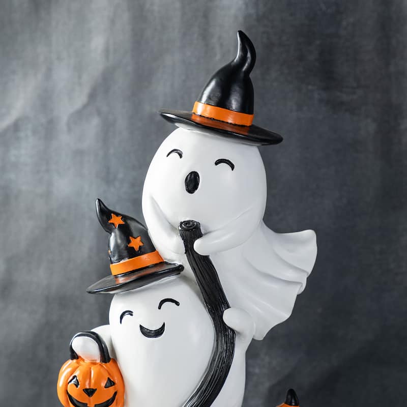 Glitzhome 21.75"H Halloween Resin Stacked Ghost Riding a Broom Figurine Porch Decor