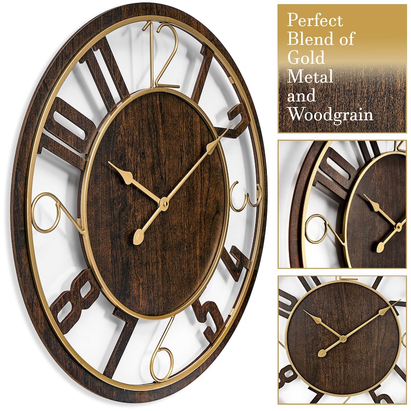 Sorbus Large 24" Decorative Round Wooden Analog Modern Wall Clock Battery Operated With Numeral Style Design