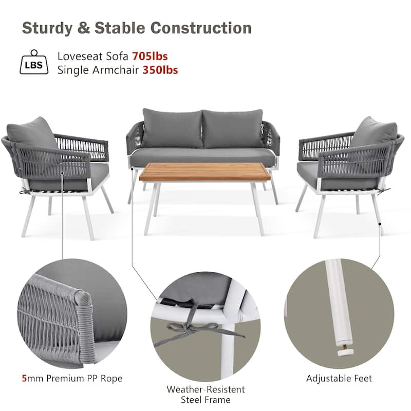 4-Pieces Rope Patio Conversation Set with Wooden Table & Cushion