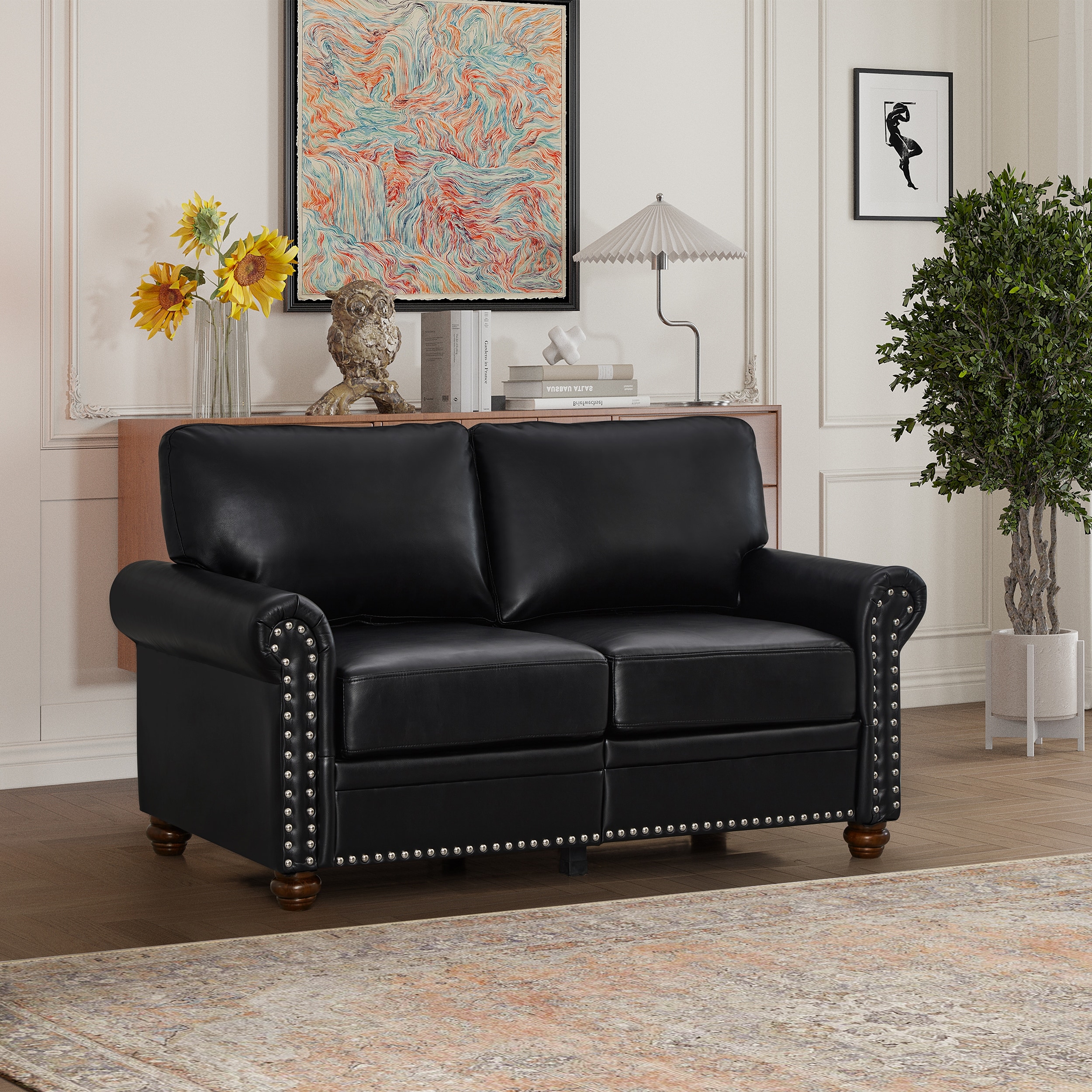 PU Leather Loveseat Classic 2 Seater Sofa with Storage Nailheads Arms