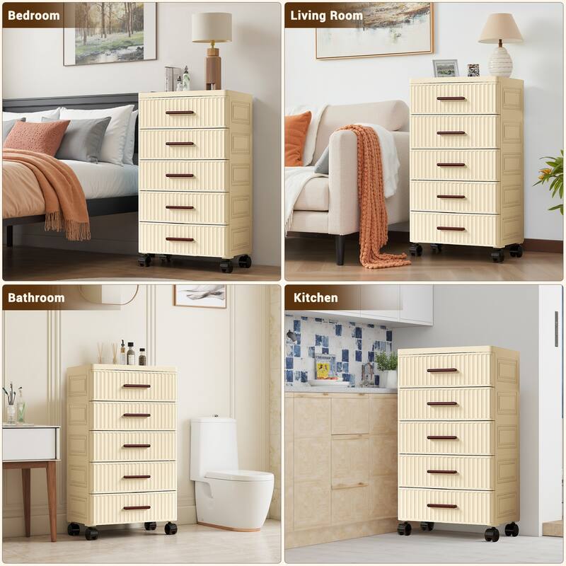 Plastic Drawer Storage 18.9" Wide Plastic Chest Of Drawers For Bedroom Fluted Design Storage Organizer Cart With Wheels