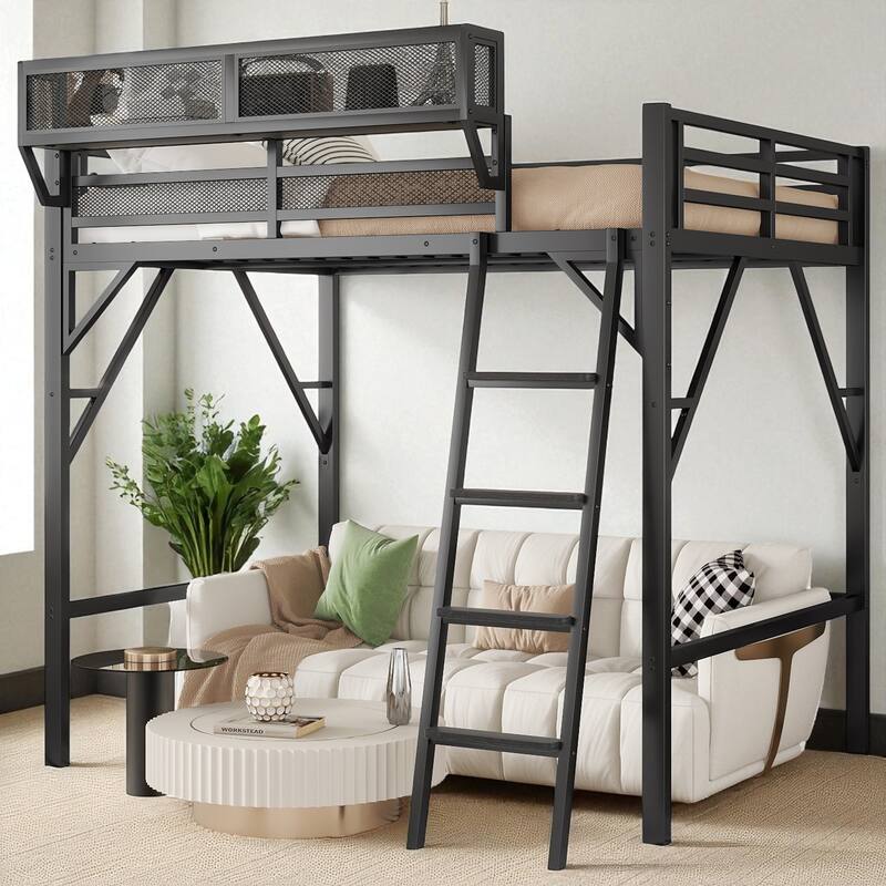 Full Size Metal Loft Bed with Ladder & Upper Storage Shelf, 55 in Clearance, Guardrails, 300 lb Capacity