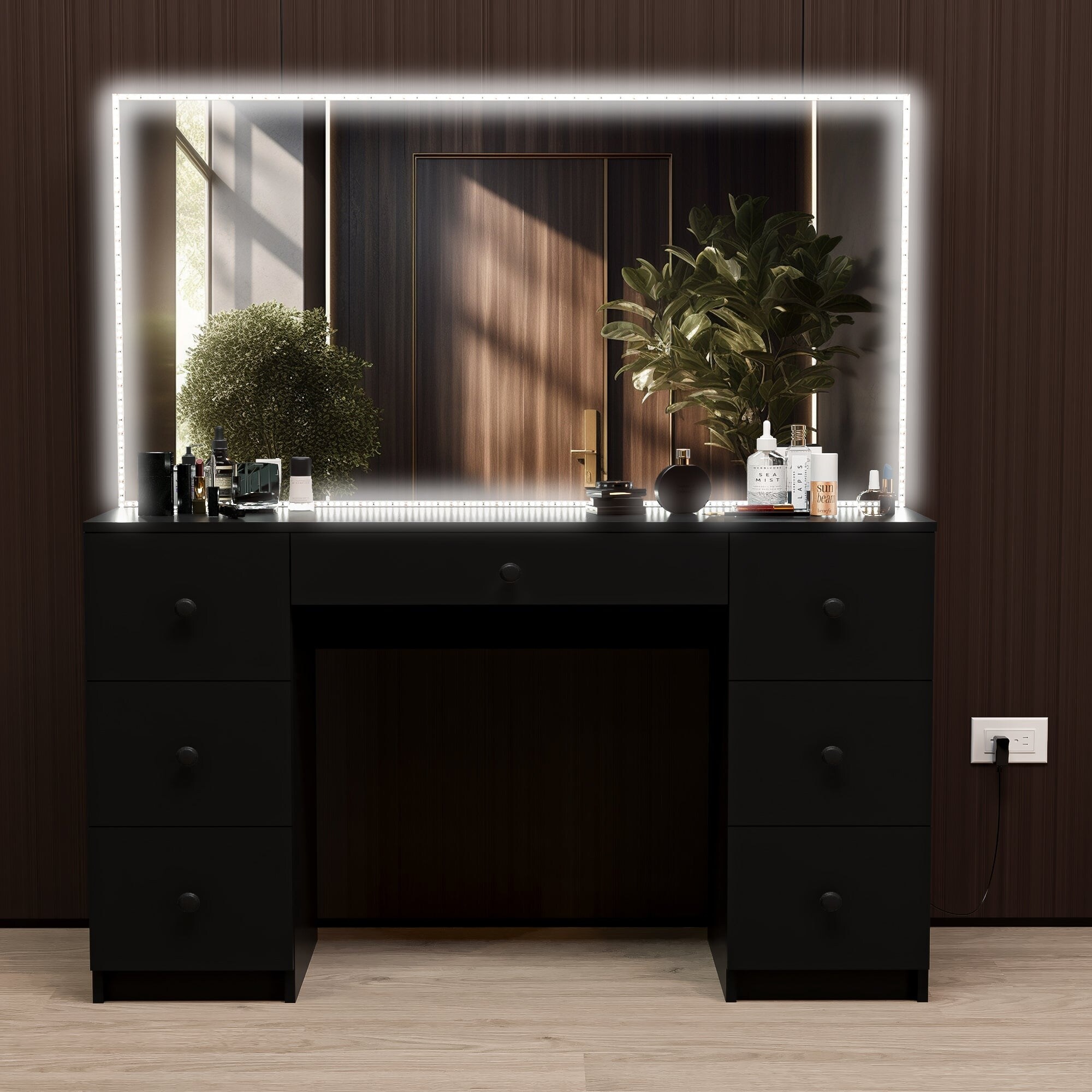black dressing table with mirror and lights Sikaic Makeup Vanity LED Makeup Vanity with Mirror Charging Station Black Modern