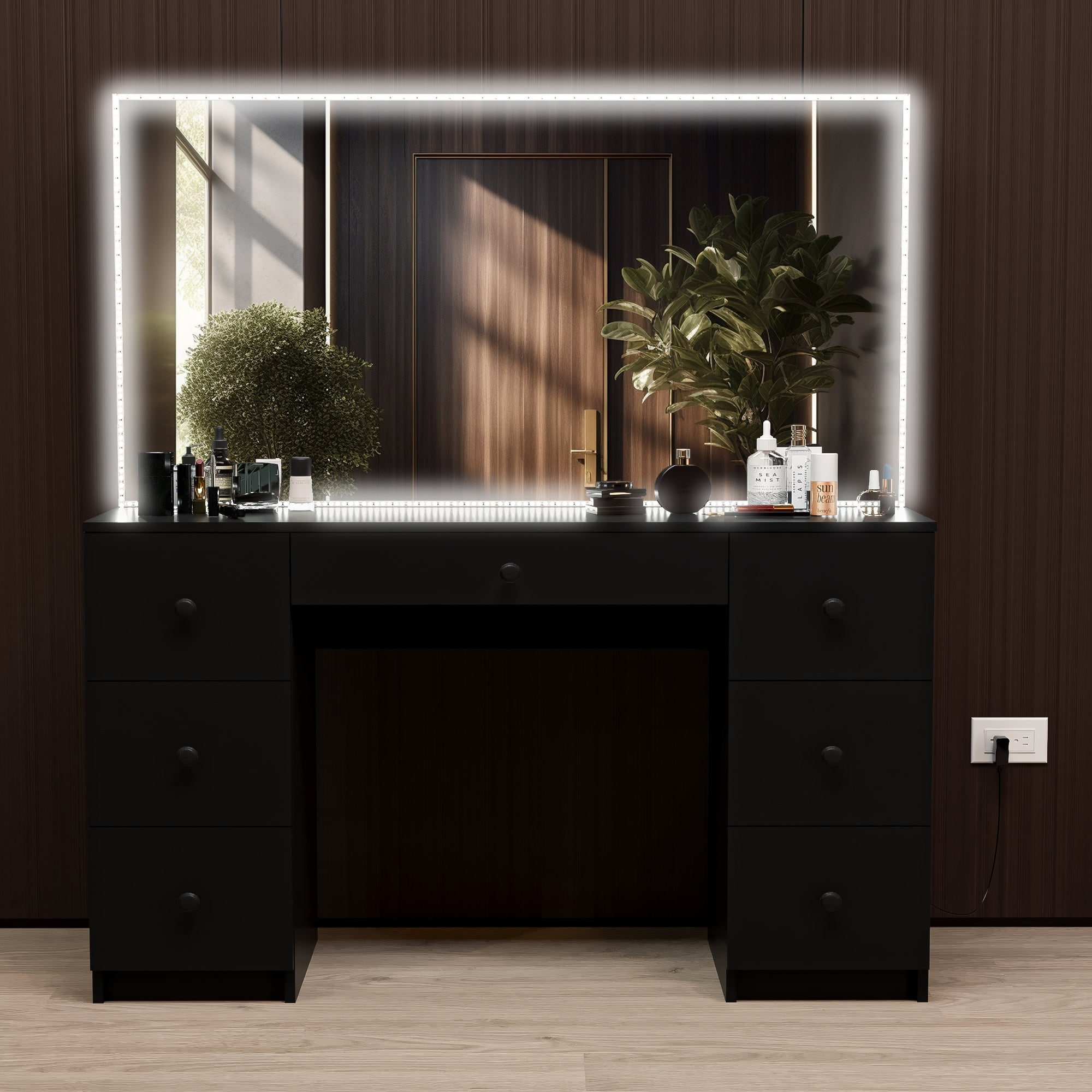 Black vanity with mirror and lights hot sale