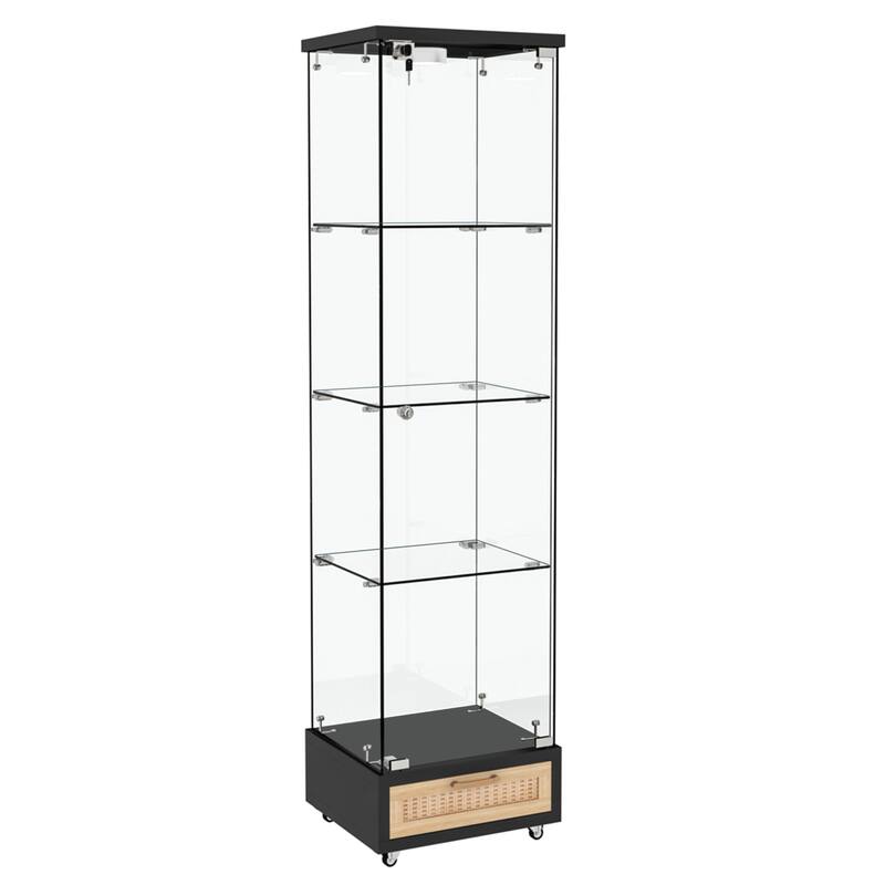 Glass Display Cabinet With Drawer,Cabinet With Led Lights,Tempered Glass Bookshelf, 1-Door Storage Case With 4 Shelves