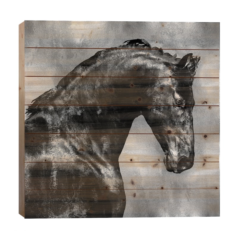 Black Stallion On Silver Print On Wood by Martin Rose - Multi-Color - 26x26x1.5