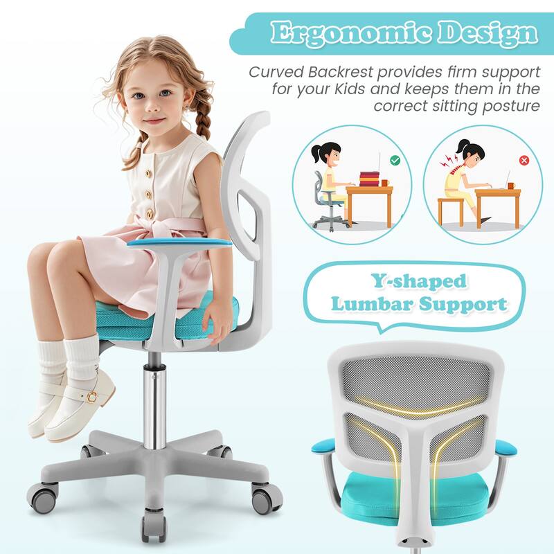 Kids Ergonomic Adjustable Height Study Chair with Swivel Seat and Mesh Backrest and Armrests