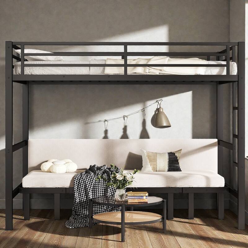 Twin XL Over Twin XL Metal Bunk Bed with Pull-Out Trundle, Convertible 3-Section Lower Bed, Safety Guardrails - Black - Twin XL