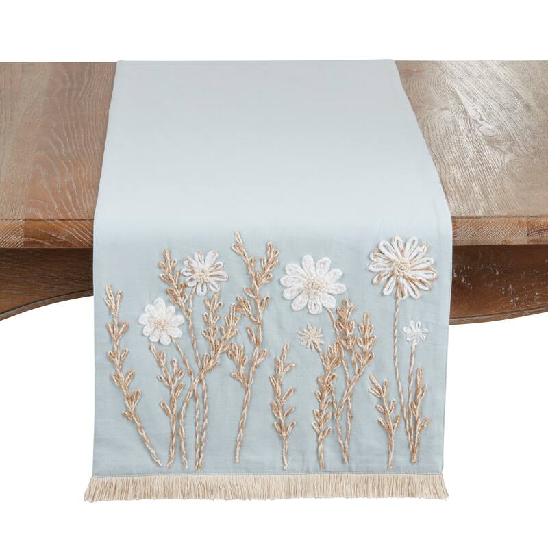 Embroidered Floral Table Runner - Lined Decorative Table Runner with Fringe for Dining & Console Tables, 16"x72" - 16"x72" - Blue