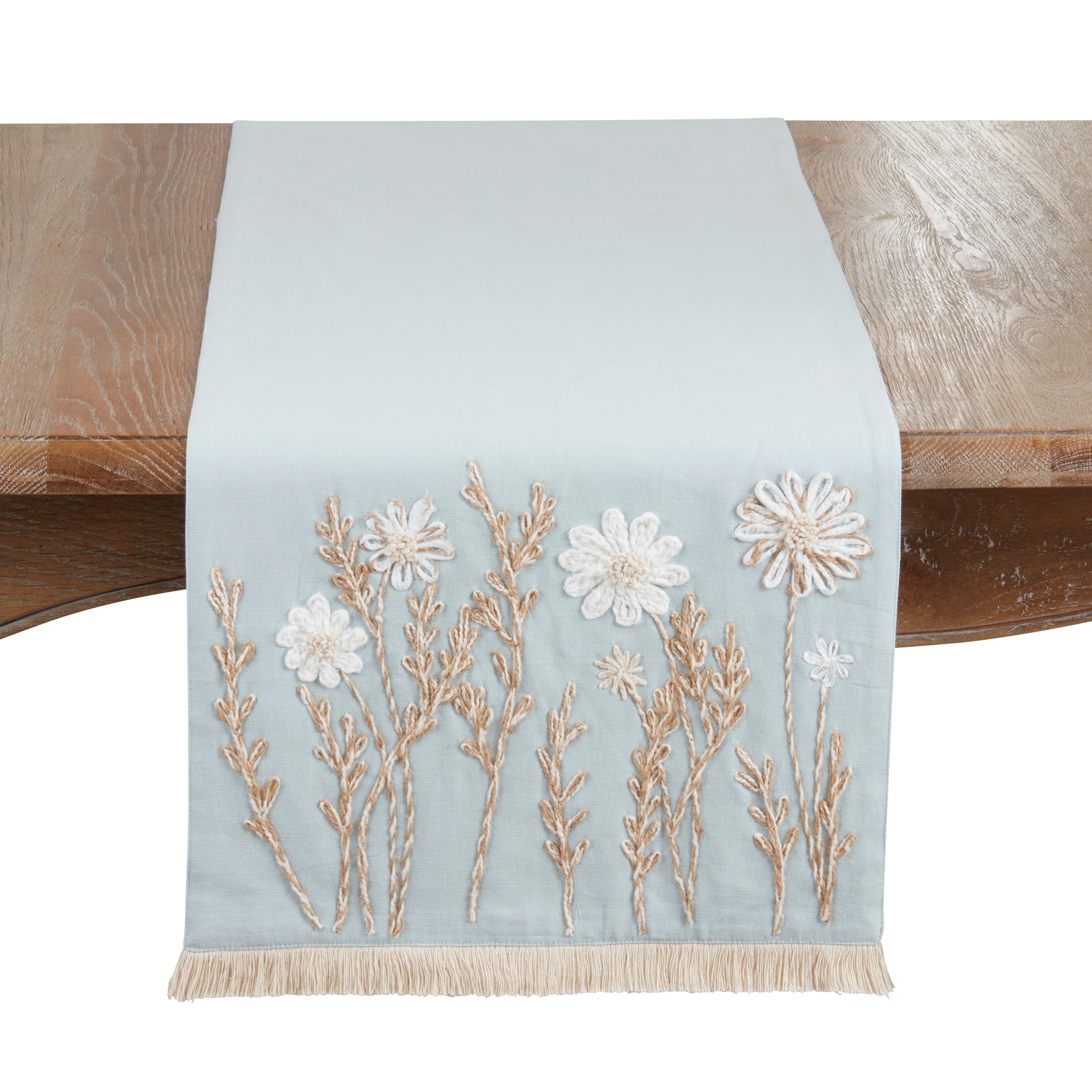 Embroidered Floral Table Runner - Lined Decorative Table Runner with Fringe for Dining & Console Tables, 16"x72"
