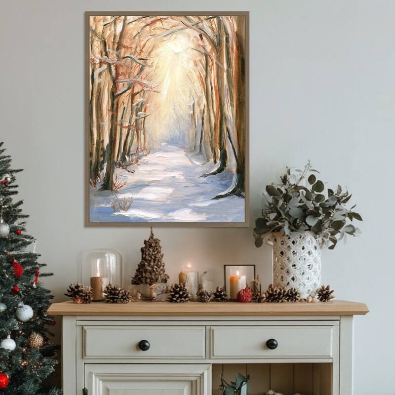 Path in Winter by Sandra Iafrate Framed Canvas Wall Art Print - Sylvie Dark Gold