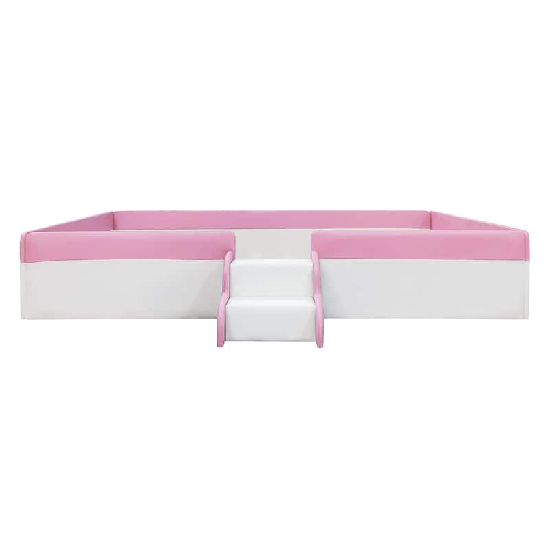 Twin Size Upholstered Daybed Frame with Fence and Stairs(Pink+White)