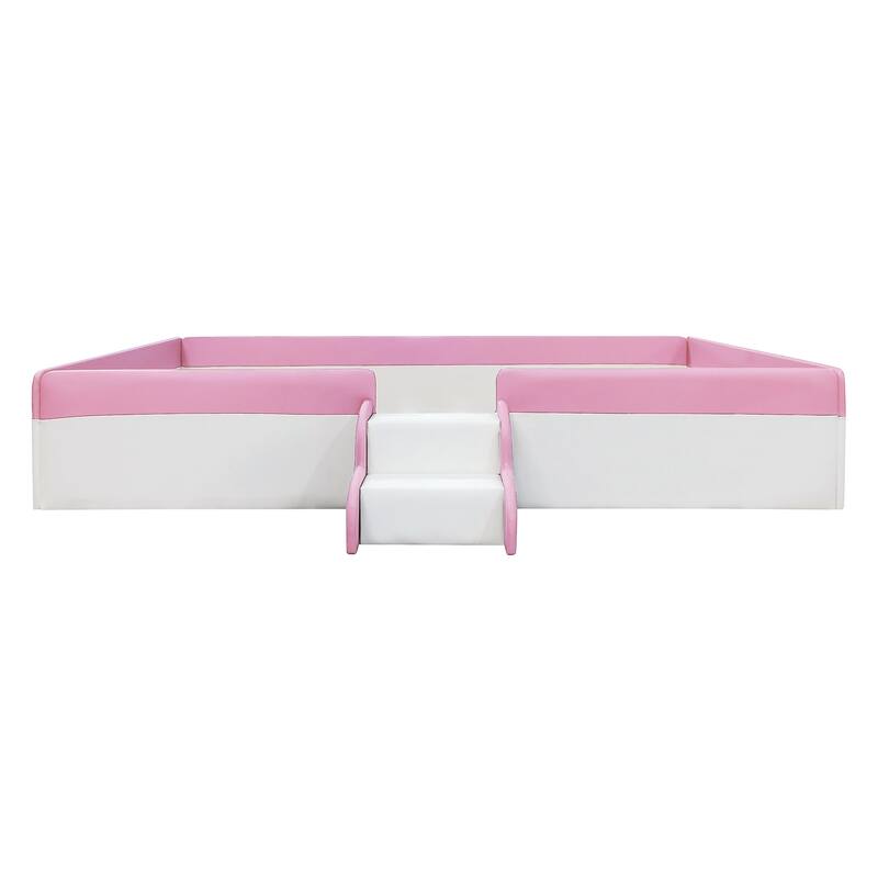 Upholstered Floor Bed Fence Bed Slat Platform Bed with Fence and Second Level Ladder, Anti-collision Frame for Kids Toddler
