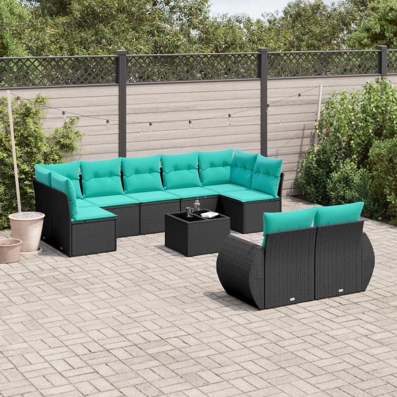 vidaXL 10 Piece Patio Sofa Set with Cushions Black Poly Rattan - 24.4 x 24.4 x 27.2 (W x D x H)