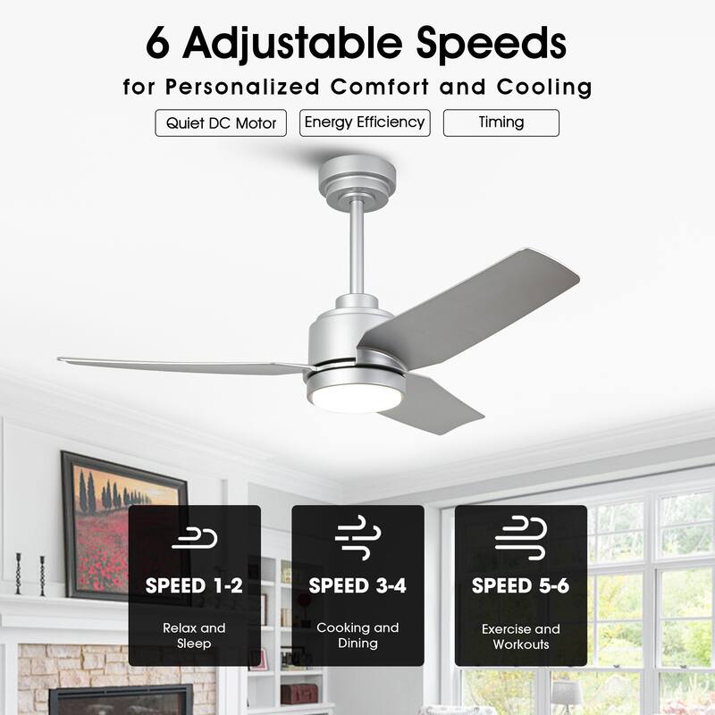 42-inch Modern Silver 3-Blades DC Motor Ceiling Fan with LED Light