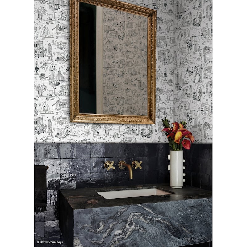 NuWallpaper Brownstone Boys Toile de New York Graphite Peel and Stick Wallpaper - N/A