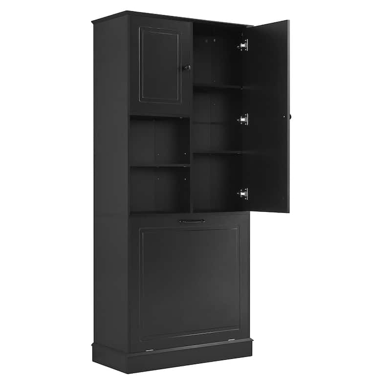 Storage Cabinet with Flip-Out Basket, Bathroom Cabinet with 2 Doors & Adjustable Shelves, Freestanding Floor Cabinet