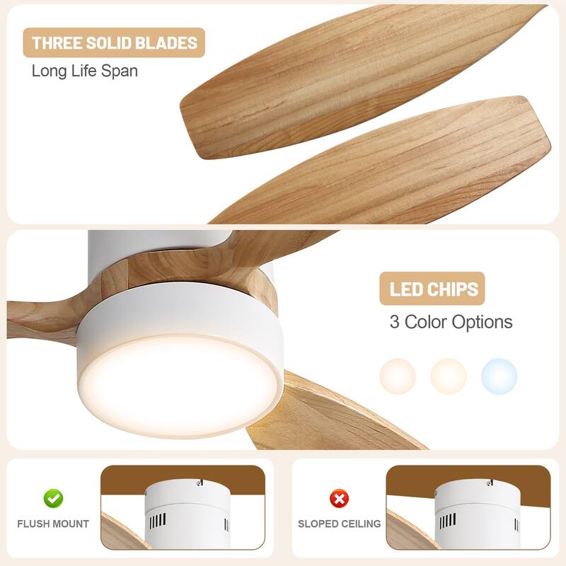 Sofucor 52 Inch Noiseless Flush Mount Ceiling Fan with Remote/Smart App Control,Dimmable Lights Optional,Reversible Motor