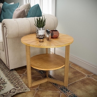 25 Inch Round 2-Tier Solid Wood End Table with Storage Shelf for Living ...
